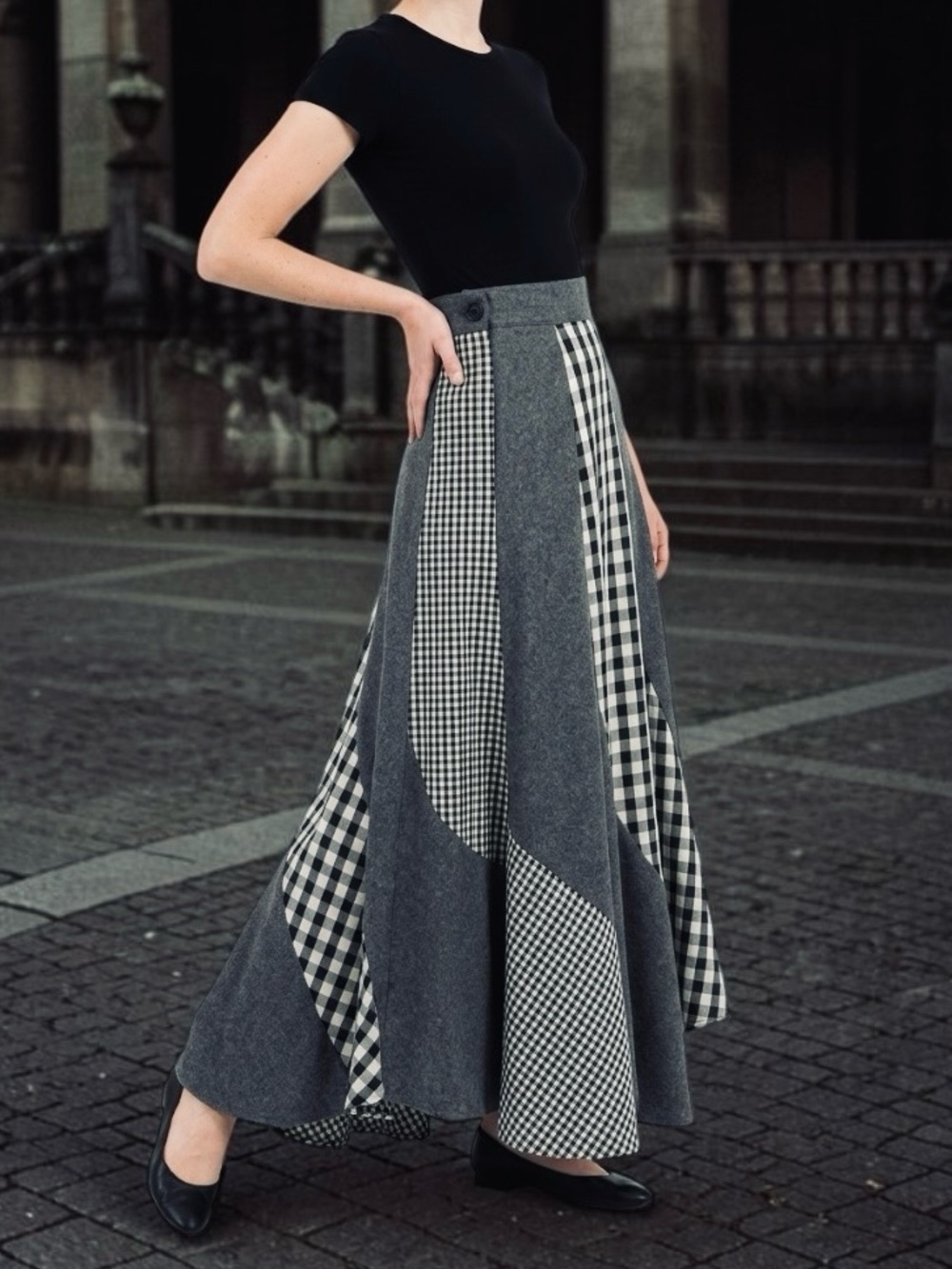 Vintage ARTBRO Black and White Plaid Check Gray Wool Patchwork Maxi Skirt Sz S